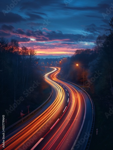Colorful sunset illuminates winding road with flowing traffic at twilight. Generative AI