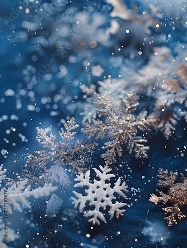Snowflakes in a winter wonderland sparkling under soft blue tones. Generative AI
