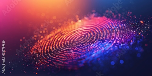 Colorful fingerprint design illuminated by vibrant lights in a dark setting. Generative AI