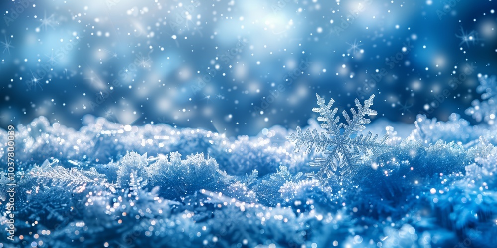 Fototapeta premium A close-up view of snowflakes on a shimmering blue surface during winter. Generative AI