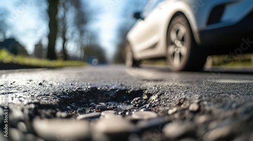 Close up of a car tyre next to a pothole in the road