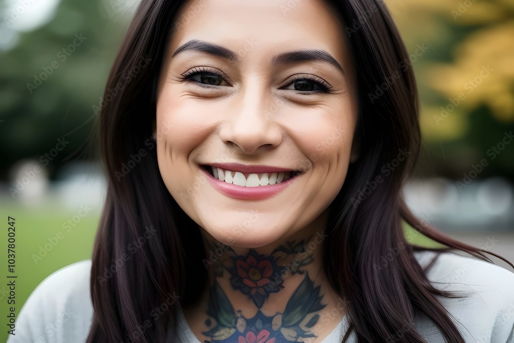 closeup portrait photo of beautiful happy smiling young woman with a tattooed face, wearing casual clothes. dark hair, expression, confident, joyful, vibrant, inked, female, fashion, relaxed, cute closeup portrait photo of beautiful happy smiling young woman with a tattooed face, wearing casual clothes. dark hair, expression, confident, joyful, vibrant, inked, female, fashion, relaxed, cute