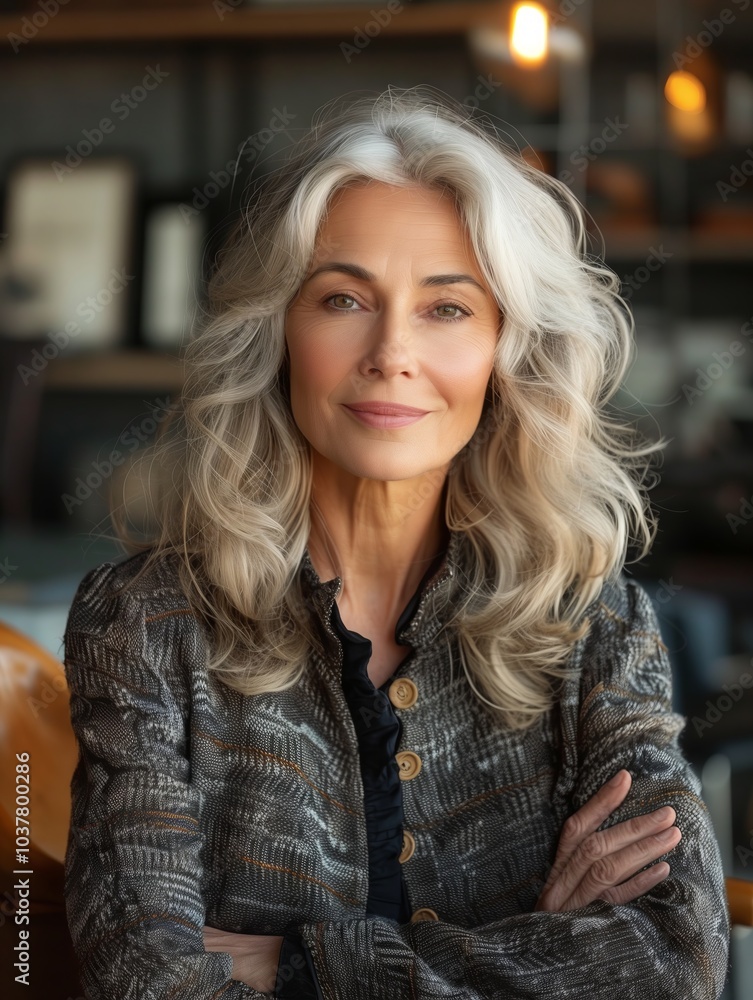 Elegant mature woman with long gray hair posing confidently in a cozy café. Generative AI Elegant mature woman with long gray hair posing confidently in a cozy café. Generative AI