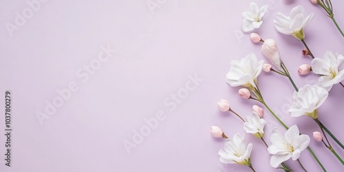 Exquisite White Floral Arrangement on a Subtle Purple Canvas: A Delicate Embodiment of Spring's Elegance