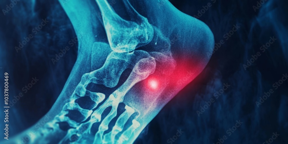 Clear X-ray Visualization of Foot Pain: Targeted Red Spot Reveals Injury for Medical Assessment Clear X-ray Visualization of Foot Pain: Targeted Red Spot Reveals Injury for Medical Assessment