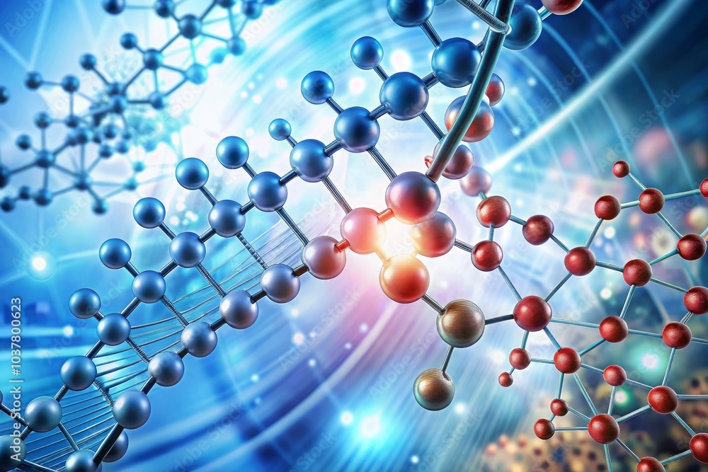 Abstract futuristic background with close-up of red and silver carbon atom model, macro view on scientific backdrop for medical or technology concept Abstract futuristic background with close-up of red and silver carbon atom model, macro view on scientific backdrop for medical or technology concept