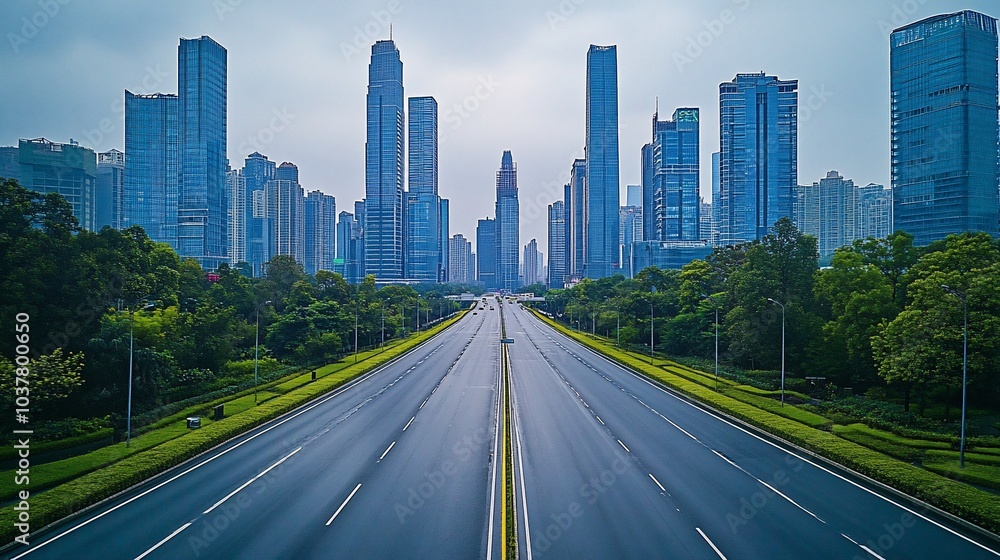 Empty highway leading to modern city skyline under a cloudy sky. Empty highway leading to modern city skyline under a cloudy sky.