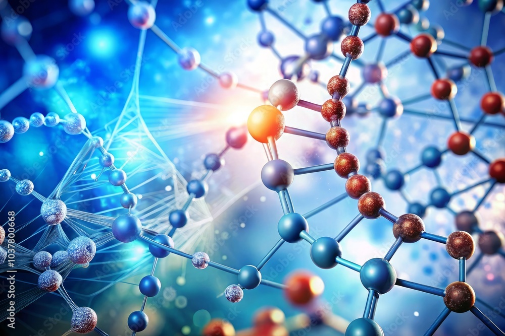 Abstract futuristic background with close-up of red and silver carbon atom model, macro view on scientific backdrop for medical or technology concept Abstract futuristic background with close-up of red and silver carbon atom model, macro view on scientific backdrop for medical or technology concept