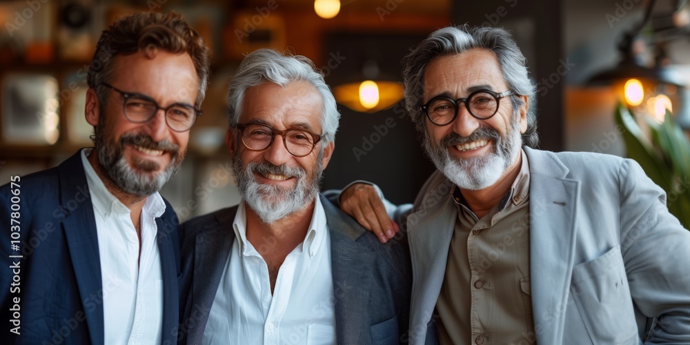 Three smiling men with glasses posing together in a cozy cafe setting. Generative AI Three smiling men with glasses posing together in a cozy cafe setting. Generative AI