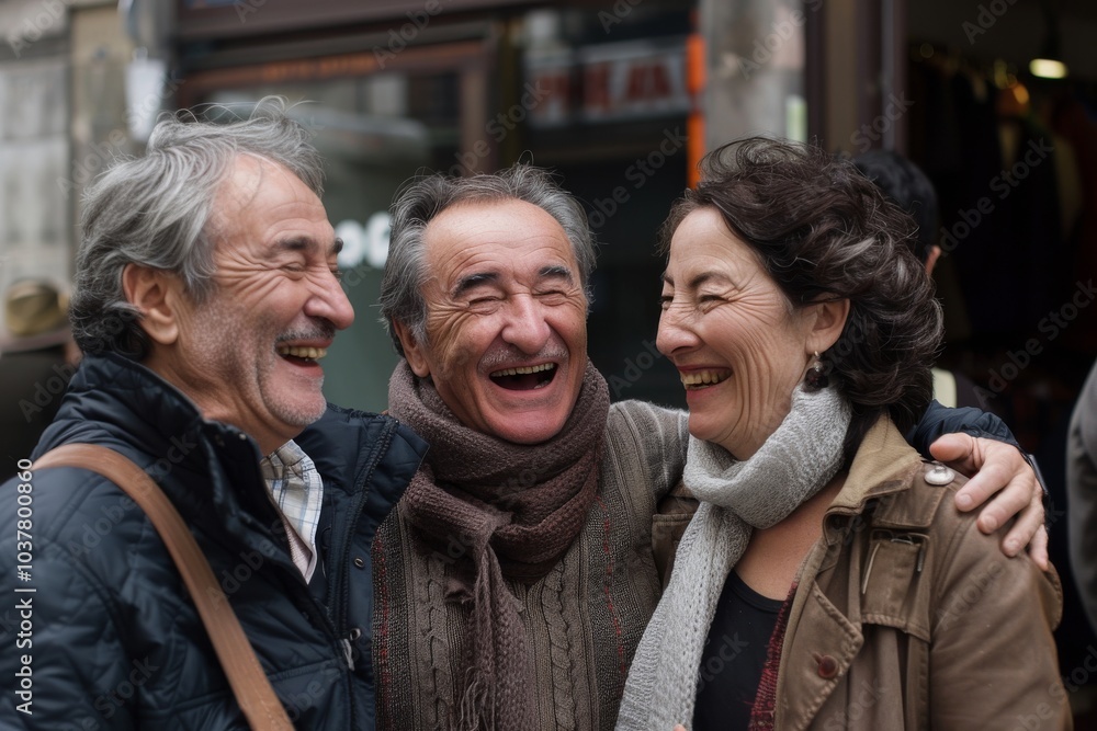 Portrait of a happy senior couple and their adult daughter laughing in the street Portrait of a happy senior couple and their adult daughter laughing in the street