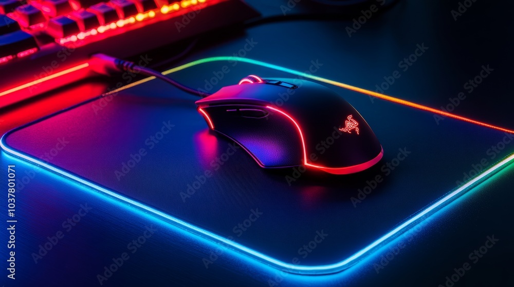 A futuristic gaming mouse placed neatly on a pro-grade mouse pad, both illuminated by subtle lights on a black background A futuristic gaming mouse placed neatly on a pro-grade mouse pad, both illuminated by subtle lights on a black background