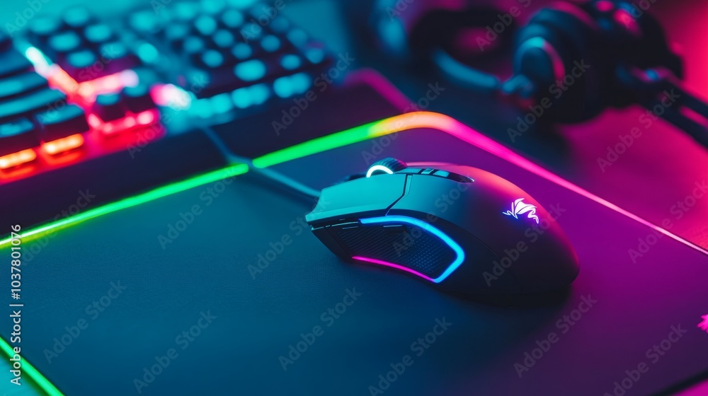 A futuristic gaming mouse placed neatly on a pro-grade mouse pad, both illuminated by subtle lights on a black background A futuristic gaming mouse placed neatly on a pro-grade mouse pad, both illuminated by subtle lights on a black background