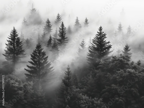 Misty forest landscape in twilight with towering evergreen trees. Generative AI