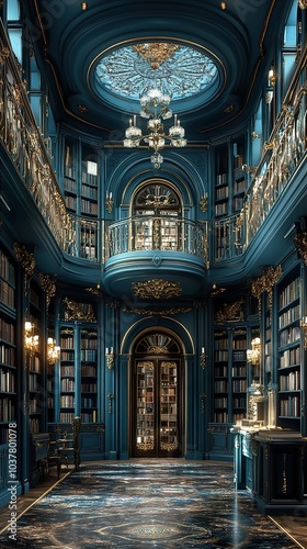 Grand Library Interior with Blue and Gold Decor