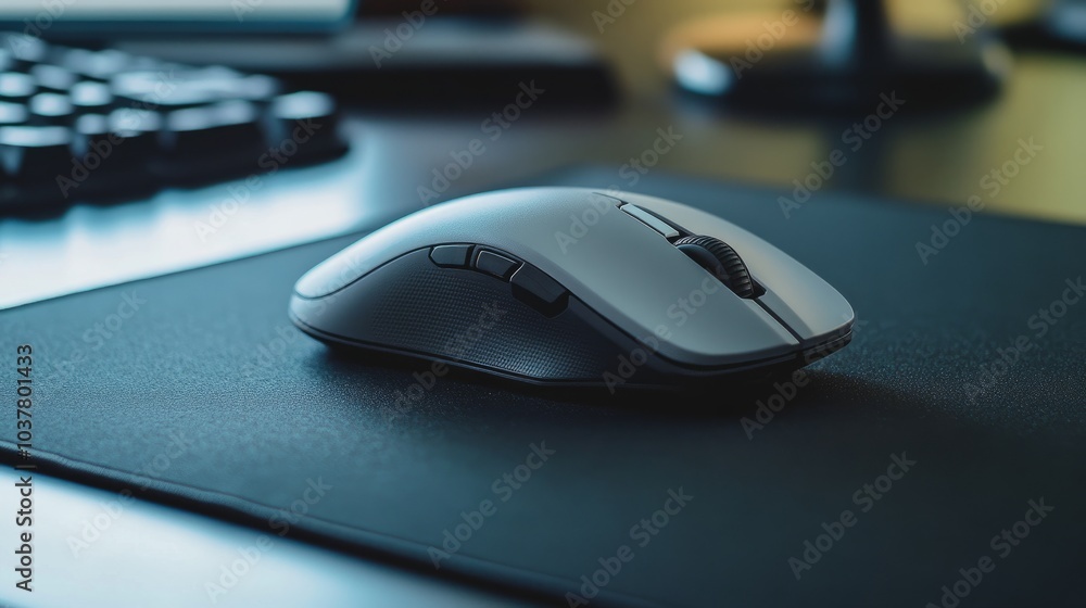 Close-up of a wireless gaming mouse with sleek curves resting on a precise mouse pad, captured on a black surface Close-up of a wireless gaming mouse with sleek curves resting on a precise mouse pad, captured on a black surface