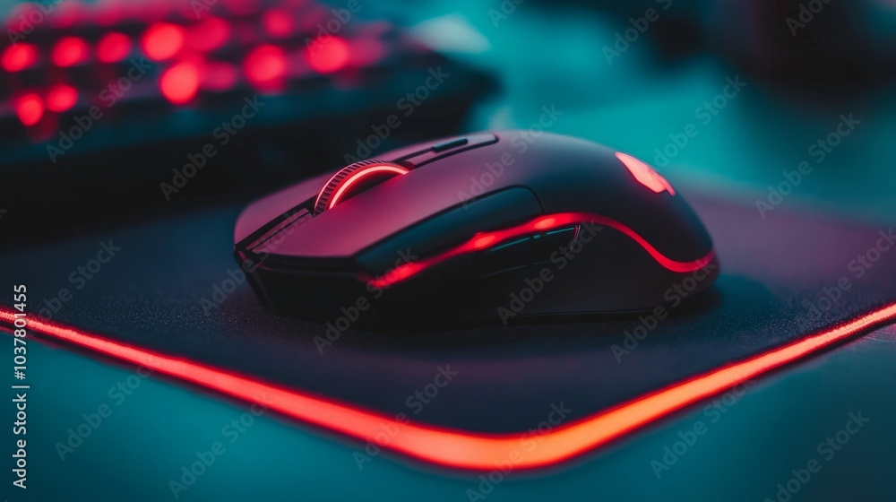 Close-up of a wireless gaming mouse with sleek curves resting on a precise mouse pad, captured on a black surface Close-up of a wireless gaming mouse with sleek curves resting on a precise mouse pad, captured on a black surface