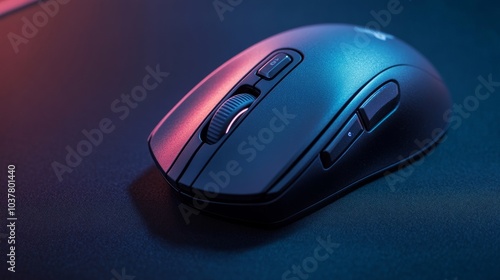 Close-up of a wireless gaming mouse with sleek curves resting on a precise mouse pad, captured on a black surface