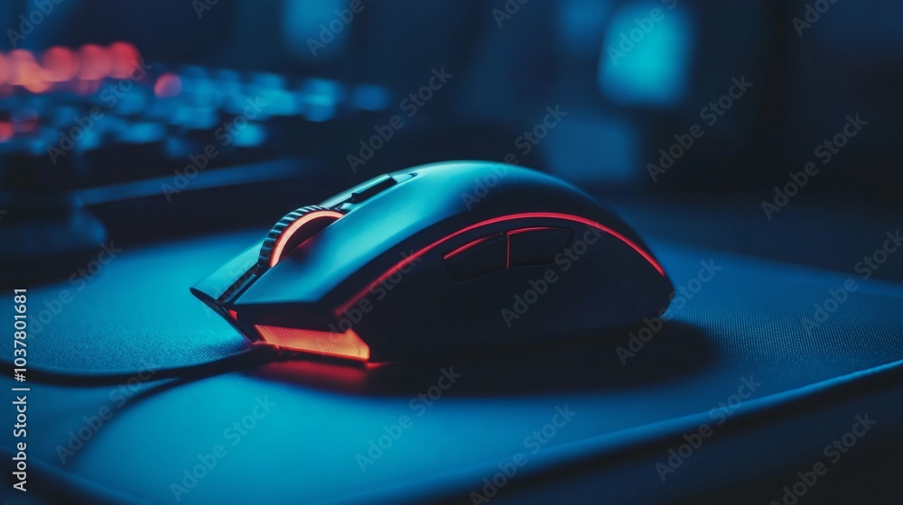 Gaming gear featuring a modern mouse with LED lighting on a soft professional pad, framed by a black backdrop Gaming gear featuring a modern mouse with LED lighting on a soft professional pad, framed by a black backdrop