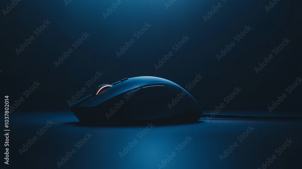 Minimalist shot of a modern gaming mouse with RGB lighting on a high-quality pad, set against a dark backdrop Minimalist shot of a modern gaming mouse with RGB lighting on a high-quality pad, set against a dark backdrop