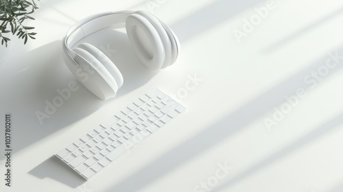 Minimalistic desk setup with a sleek futuristic headset resting beside a compact wireless keyboard on a clean white surface, hinting at productivity and style