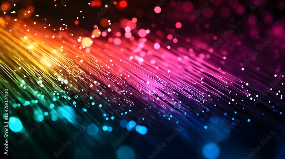 Fototapeta premium optical fibres dinamic flying from deep on technology background.