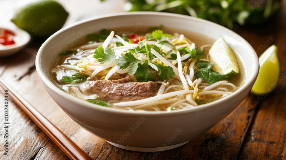 A savory bowl of beef pho with rice noodles, bean sprouts, and fresh herbs A savory bowl of beef pho with rice noodles, bean sprouts, and fresh herbs