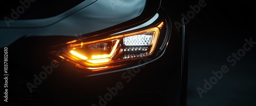 Close-up of Car Headlight with Turn Signal On photo