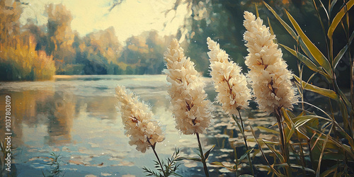 A beautiful painting of several cream-colored flowers by the river, generative AI