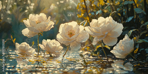 A beautiful painting of several cream-colored flowers by the river, generative AI