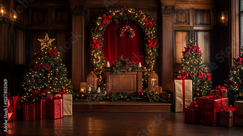 Wallpaper Mural Festive Christmas Day podium adorned with decorations, trees, and gifts in a cozy venue Torontodigital.ca