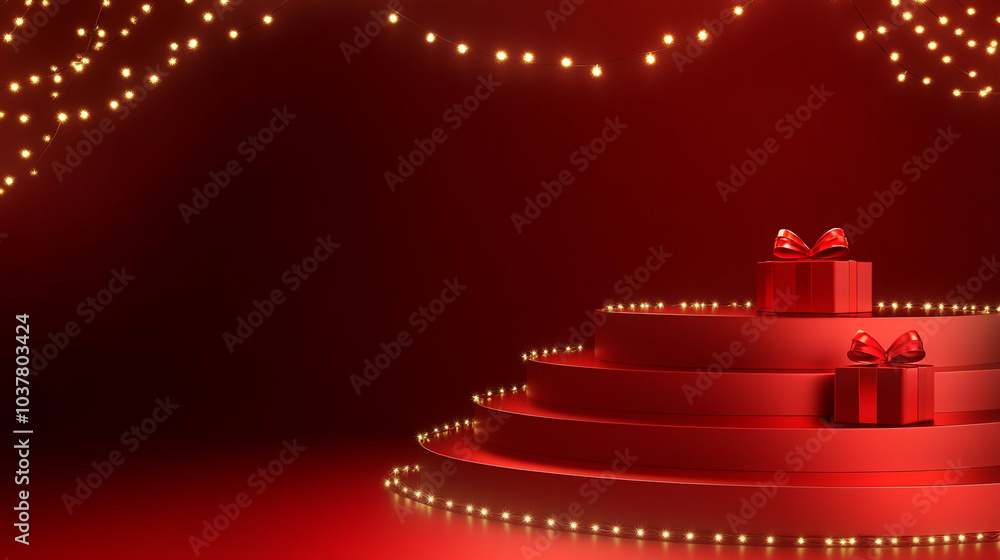 A festive Christmas Day podium adorned with red gift boxes and shimmering lights A festive Christmas Day podium adorned with red gift boxes and shimmering lights