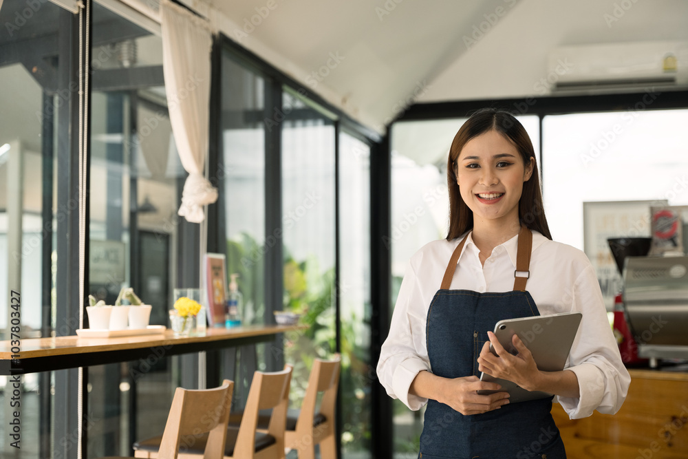 Fototapeta premium Professional coffee shop café SME owner employer or employee is welcome and ready to making coffee for customer. 