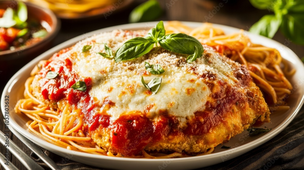 A savory plate of chicken parmesan with marinara sauce and melted mozzarella, served on a white dish, Chicken parmesan centered A savory plate of chicken parmesan with marinara sauce and melted mozzarella, served on a white dish, Chicken parmesan centered