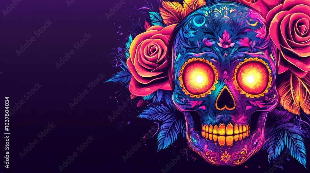 Vibrant sugar skull surrounded by colorful roses and lush leaves a celebration of life and death in art Vibrant sugar skull surrounded by colorful roses and lush leaves a celebration of life and death in art