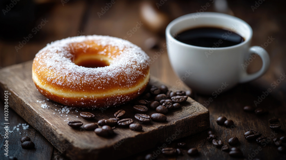 A cup of coffee and donuts on the table A cup of coffee and donuts on the table