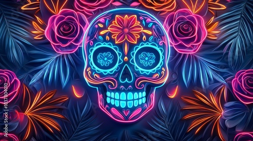 Vibrant neon skull with roses a stunning representation of day of the dead culture celebrating life and remembrance