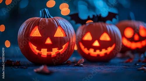 Three spooky carved pumpkins glowing in the dark on Halloween night.