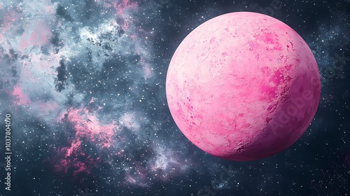 A vibrant pink planet set against a backdrop of stars and cosmic clouds.