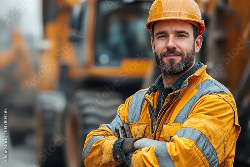 Confident construction worker in safety gear at a site, showcasing teamwork and dedication to infrastructure development. photo