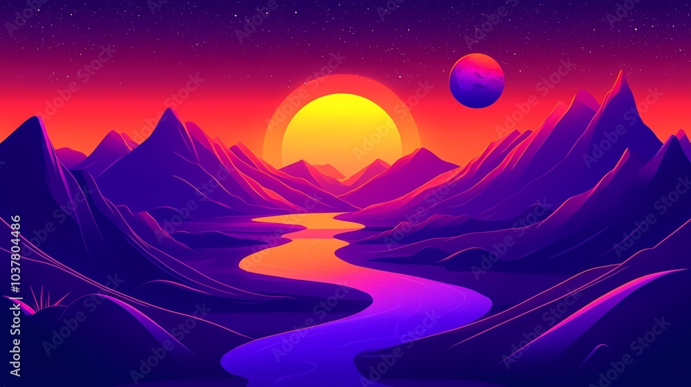 A vibrant sunset over surreal mountains and a river under a distant planet. A vibrant sunset over surreal mountains and a river under a distant planet.