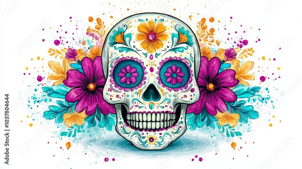 Vibrant day of the dead sugar skull surrounded by colorful floral patterns celebrating life and tradition Vibrant day of the dead sugar skull surrounded by colorful floral patterns celebrating life and tradition