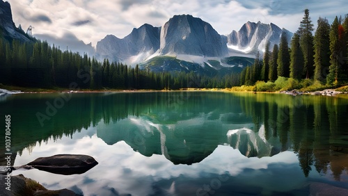 alpine lake surrounded by lush forests and granite peaks mirror like reflections  photo