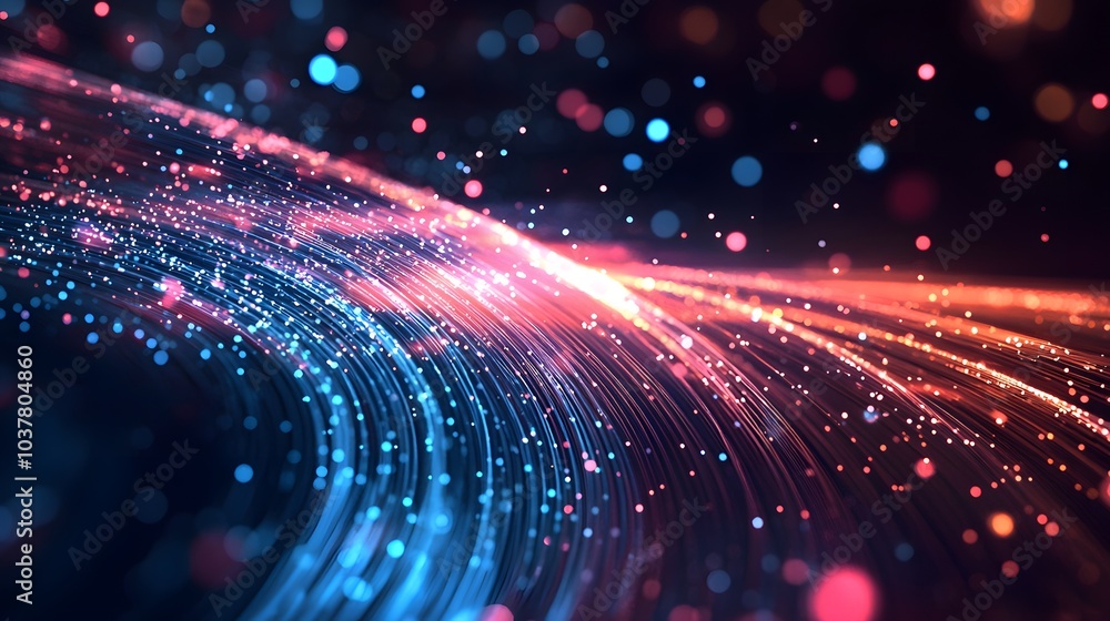 Fototapeta premium optical fibres dinamic flying from deep on technology background. 