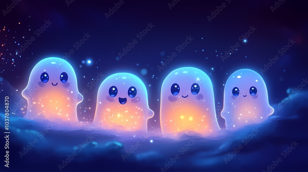 Four cheerful, glowing ghost characters with big eyes in a whimsical, magical setting. Four cheerful, glowing ghost characters with big eyes in a whimsical, magical setting.