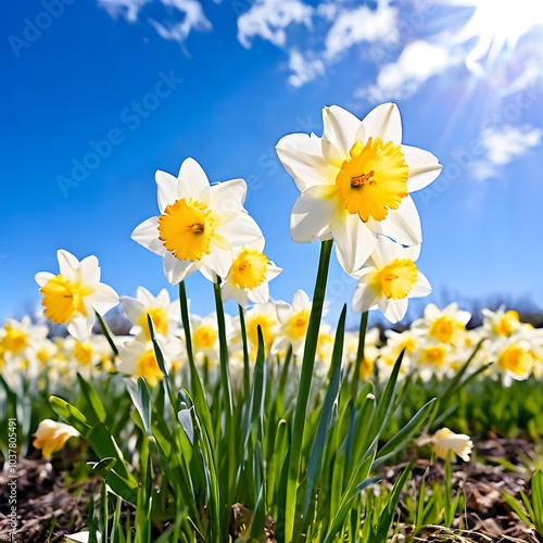 beautiful field of yellow and white daffodils blooming under a clear blue sky with a gentle breeze 