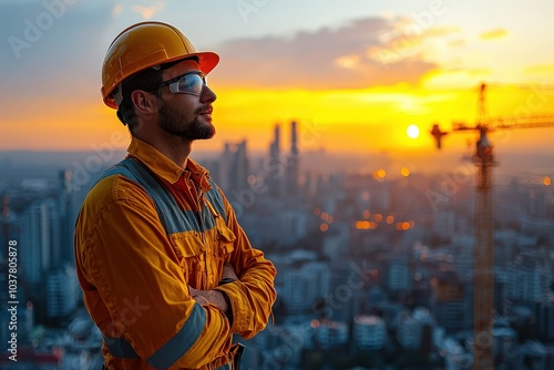 Construction worker in hard hat and safety glasses, overlooking skyline during sunset, symbolizing progress and dedication. photo