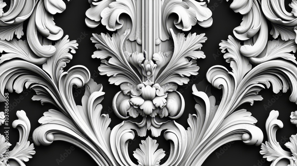 Intricate white floral relief design on a dark background, showcasing ornate craftsmanship. Intricate white floral relief design on a dark background, showcasing ornate craftsmanship.