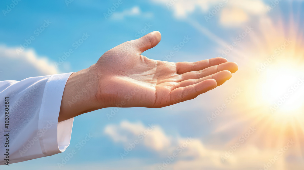 hand reaching out towards sun, symbolizing hope and positivity against bright sky. image conveys sense of openness and warmth
