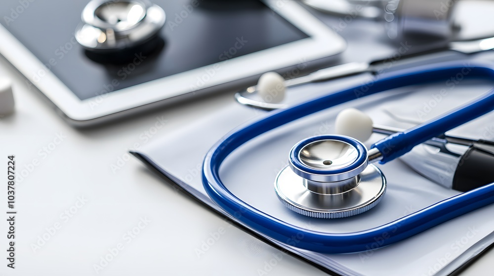 Medical equipment: blue stethoscope and tablet on white background. Medical equipment. Medical equipment: blue stethoscope and tablet on white background. Medical equipment.