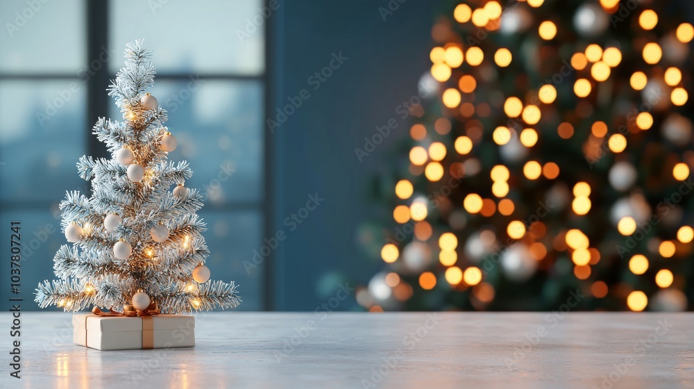 A small silver Christmas tree adorned with lights, set against a softly illuminated background featuring a larger tree. A small silver Christmas tree adorned with lights, set against a softly illuminated background featuring a larger tree.